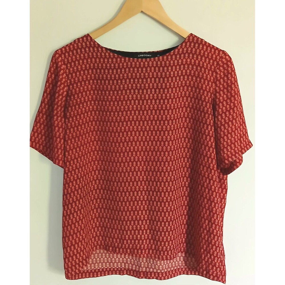 Gregory Brasil Red Ikat Print Blouse Lightweight Short Sleeve Top Chic Size M